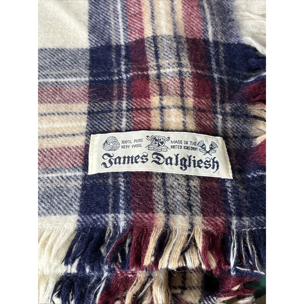 Vintage James Dalgliesh Burgundy Navy Blue Plaid 100% Wool Throw Blanket UK